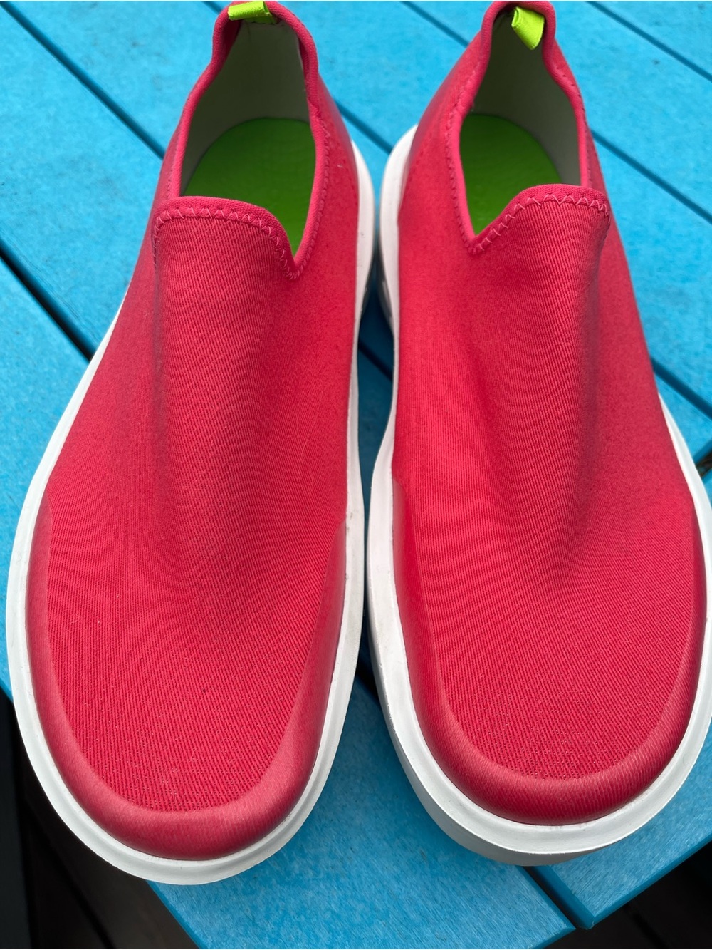 OOFOS Women’s Slip-On Athletic Shoes Red with White Sole and Lime Pull Tab
